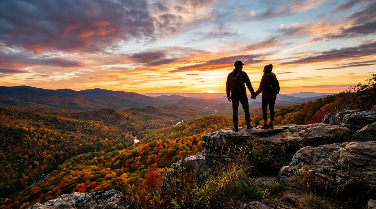 Couple silhouettes on a mountain overlook in autumn