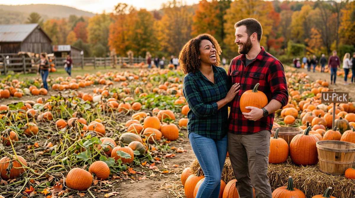 Couple in plaid shirts among pumpkins