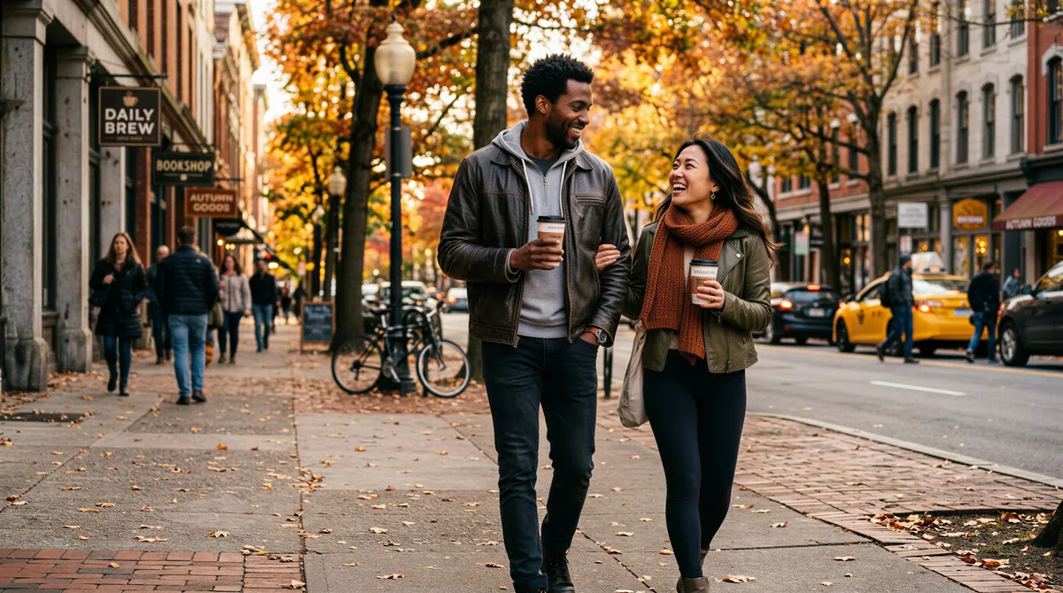 Couple walking on an urban fall street