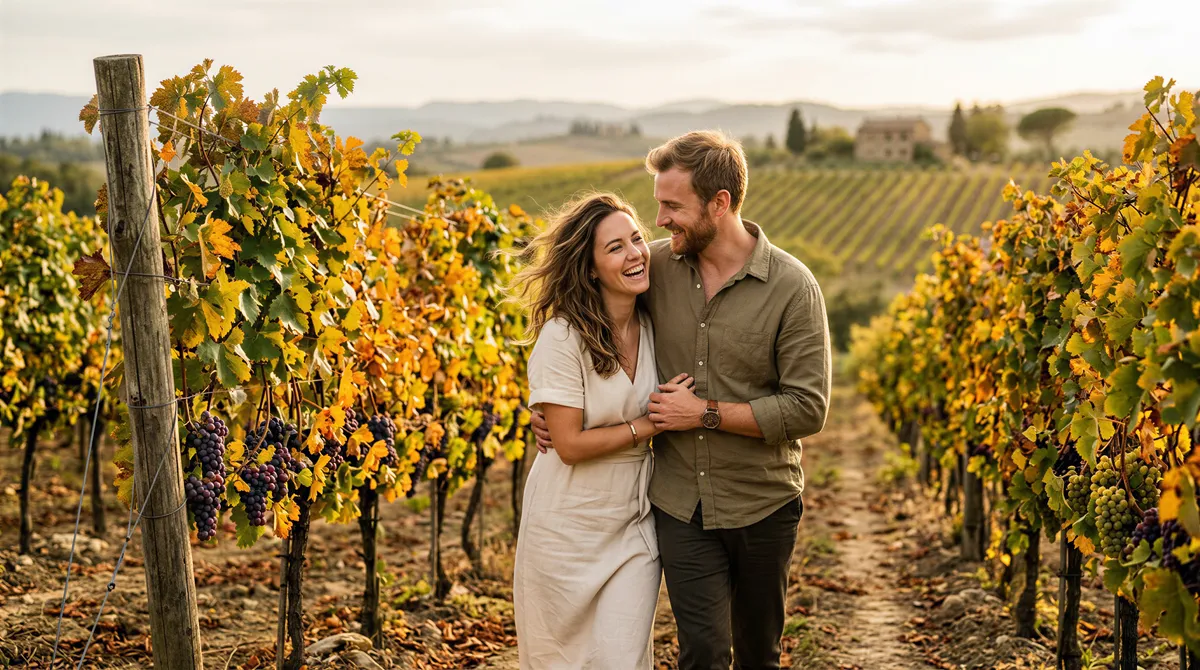 Couple in autumn colors in a vineyard at harvest time