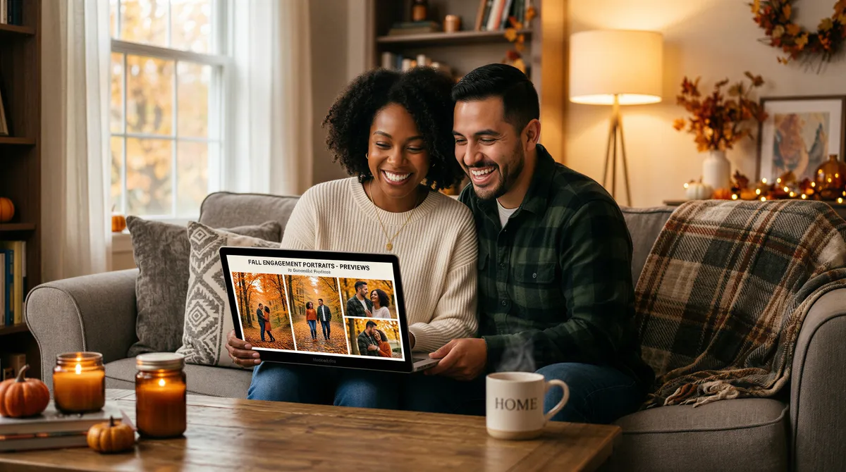 Couple viewing AI-generated portrait previews on a laptop