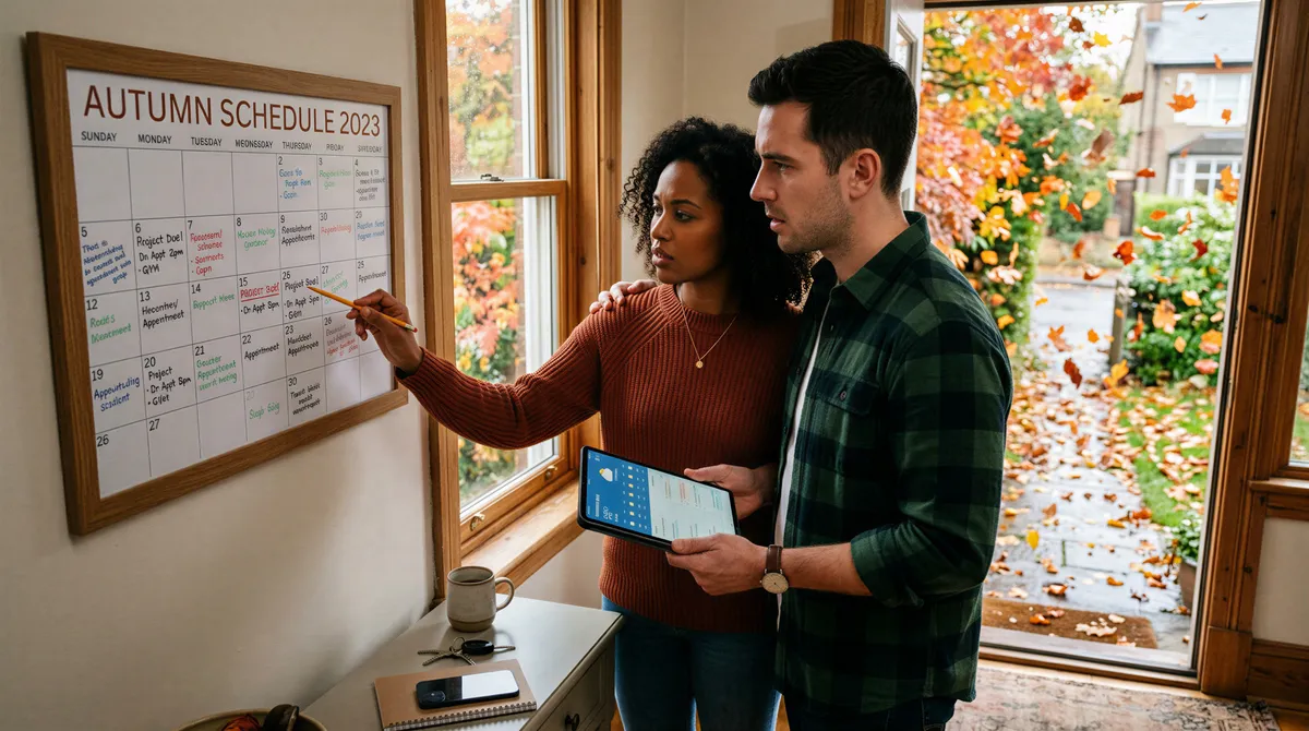 Couple planning engagement photos during fall with calendar and weather app