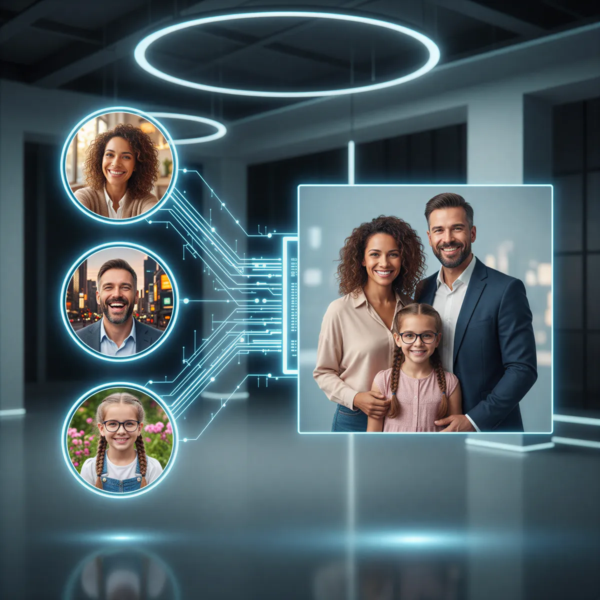 Hyper realistic, photo-realistic conceptual image illustrating a digital workflow. On the left, three separate, well-lit selfies of diverse family members (different backgrounds) are shown. Digital connection lines flow from these selfies toward a central area where a final, stunningly realistic family portrait appears, seamlessly merging the individuals. Background is a subtle, modern studio setting with cool blue and white light accents.