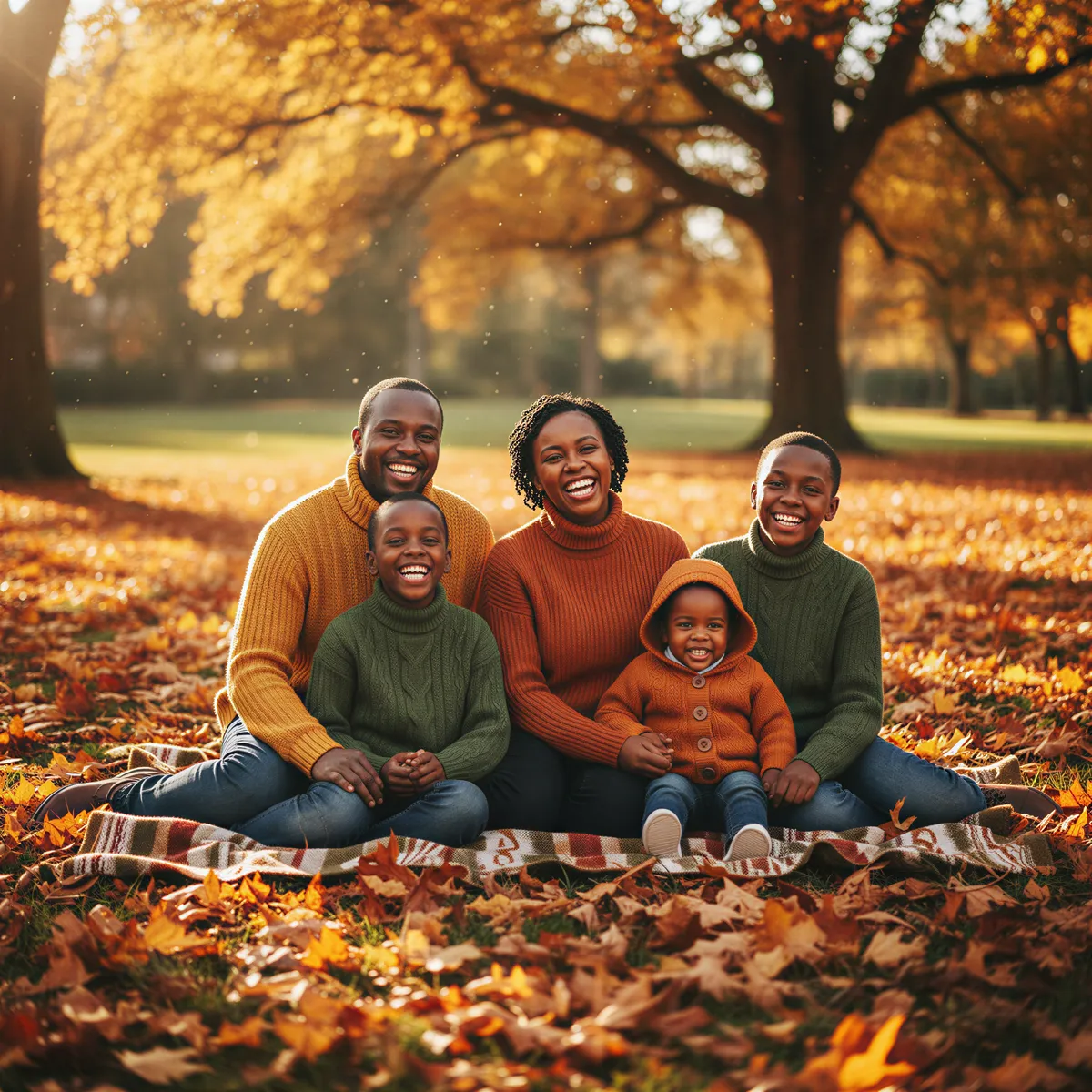Hyper realistic, photo-realistic portrait of a Kenyan family seated close together on a woolen blanket in a park filled with rich orange and gold autumn leaves. They are wearing coordinated earth-toned sweaters and layered clothing. The scene is illuminated by warm, soft afternoon light, evoking a cozy, harvest mood. Deep focus on texture.