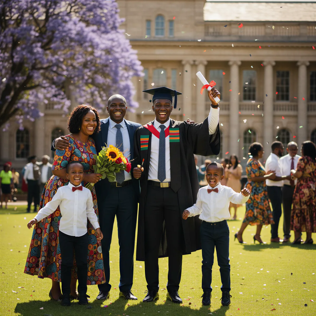 Hyper realistic, photo-realistic portrait capturing a celebratory moment. A young Kenyan adult wearing a graduation cap and gown stands proudly center-frame, surrounded by their beaming parents and younger siblings on a university campus quadrangle. Bright daylight, celebratory atmosphere, professional attire mixed with academic regalia. High-impact joy.