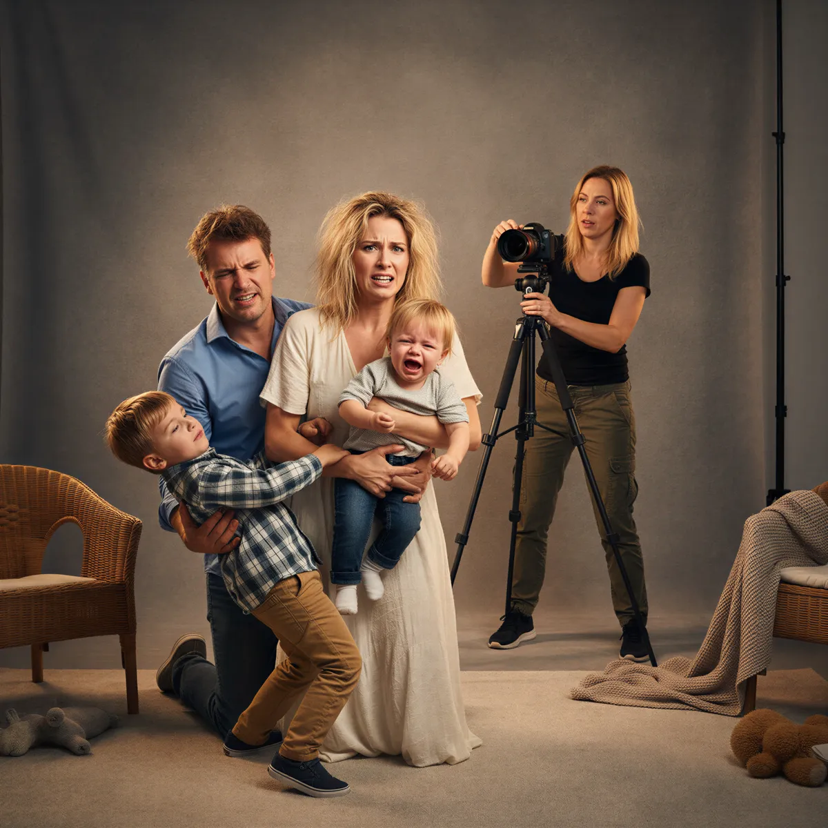 Hyper realistic, photo-realistic image capturing the relatable chaos of a traditional family portrait session. A mother looks stressed holding a toddler who is crying, a father is attempting to smile while wrangling an older child who is looking away, and a professional photographer is visible in the background adjusting equipment with a look of slight exasperation. Warm, but tense lighting. Focus on facial expressions conveying humorous stress.