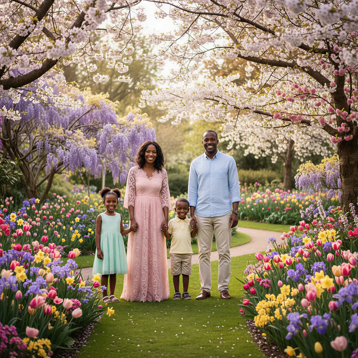 Hyper realistic, photo-realistic portrait of a Kenyan nuclear family (two parents, two young children) smiling genuinely in a lush garden full of vibrant spring flowers, particularly cherry blossoms. The family wears light pastel-colored, elegant casual wear. The mood is fresh and joyful, illuminated by soft, diffused natural daylight. Sharp focus, high detail.