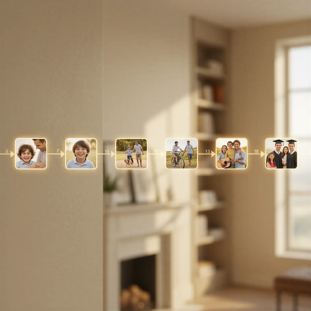 Hyper realistic, conceptual image showing a visual timeline overlaid on a warm, blurred background representing a living room wall. The timeline prominently features small, square, high-quality AI-generated family portraits aging a child from 5 years old to 18 years old, demonstrating consistent professional quality across the years. Soft, archival-quality lighting.