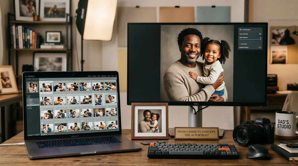 AI portrait workflow concept showing source photos turning into a polished portrait