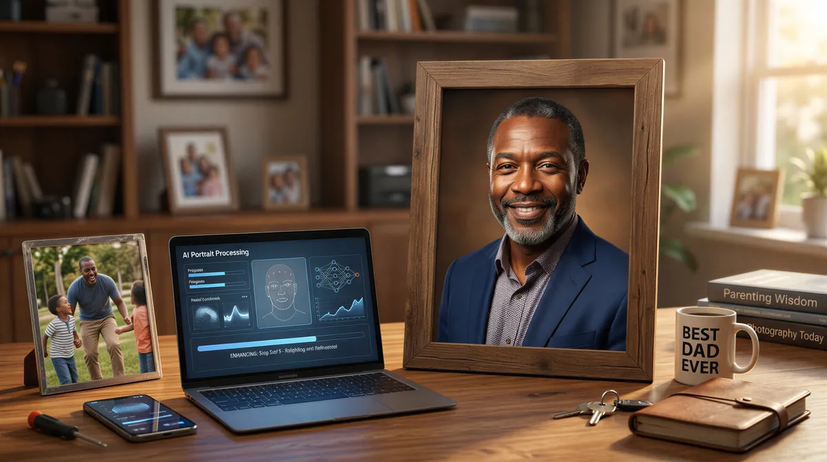 AI portrait workflow showing source photos to final dad portrait
