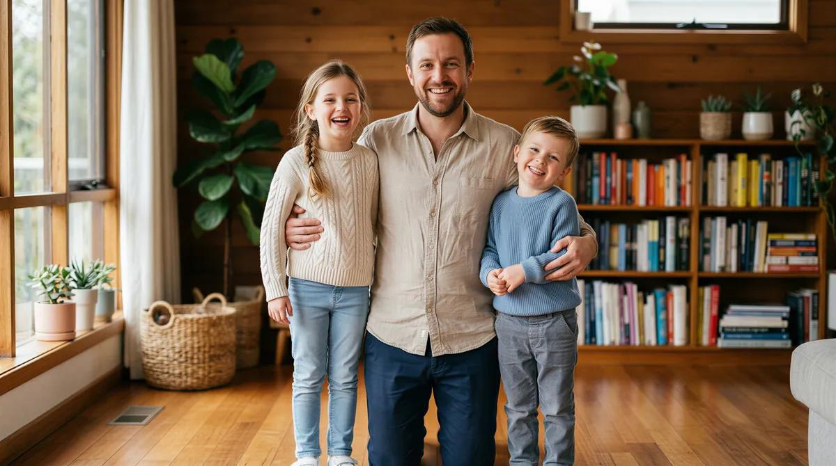 Dad with kids lineup portrait with coordinated outfits