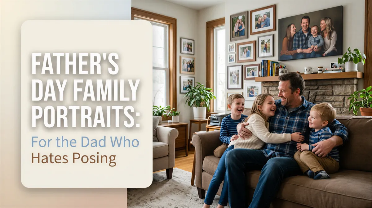 Realistic banner for Father's Day portraits addressing the dad who hates posing