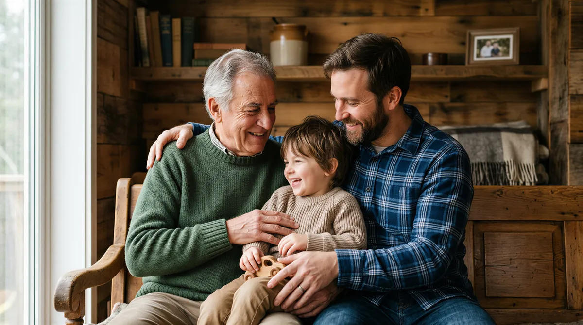 Three-generations portrait featuring grandpa, dad, and child