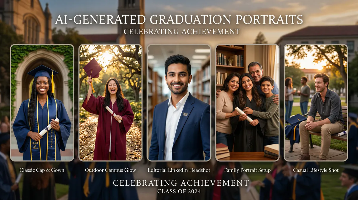 Montage of AI-generated graduation portraits in multiple styles