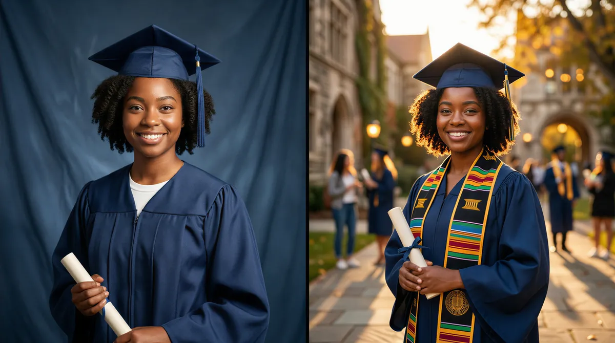 Graduate portrait showing studio drawbacks: generic setup vs personalized AI options