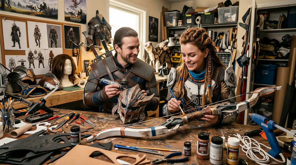 Couple in detailed cosplay outfits with a crafting area