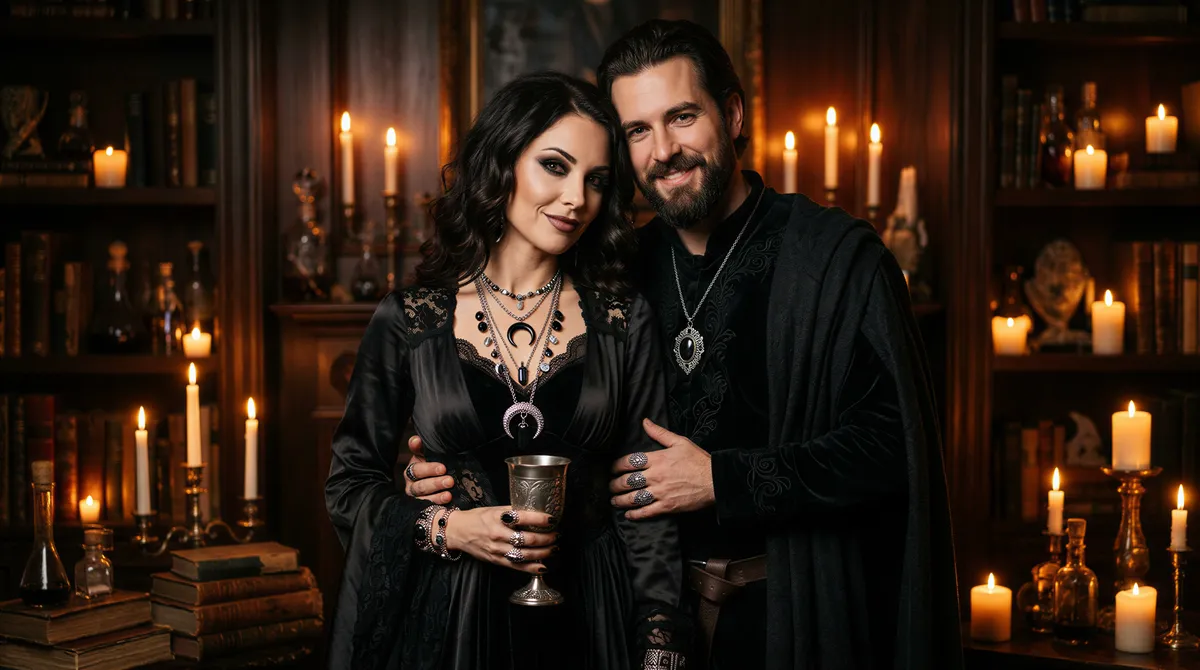 Couple in elevated witch and warlock outfits with editorial styling