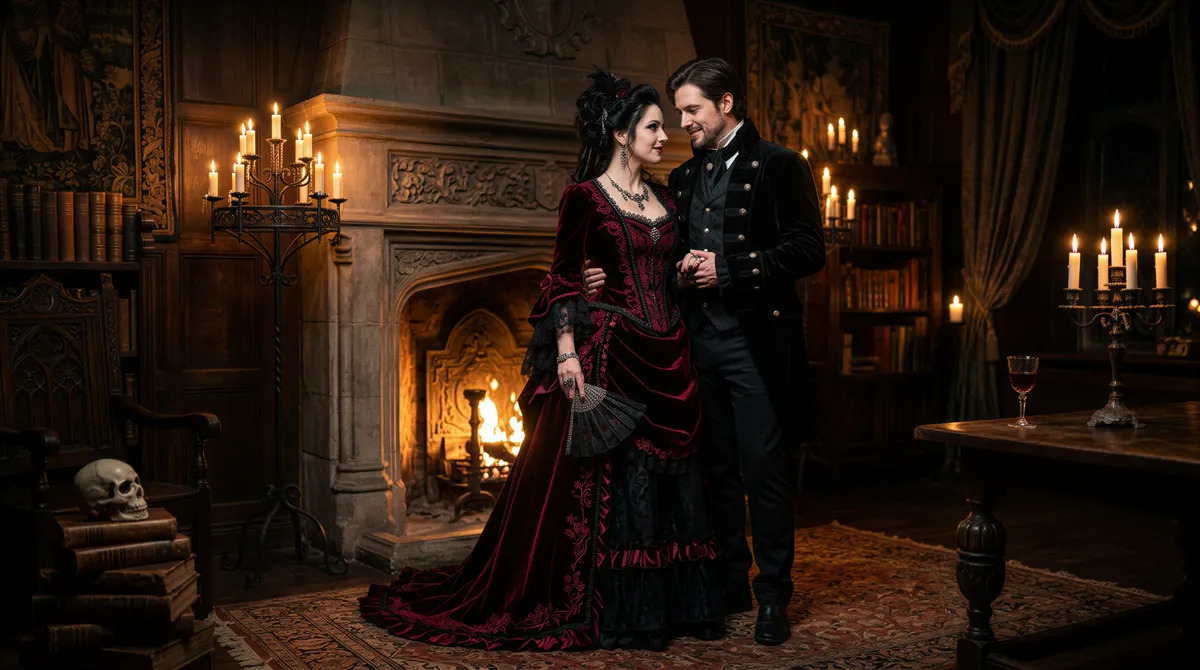 Couple in gothic vampire-inspired outfits with editorial styling