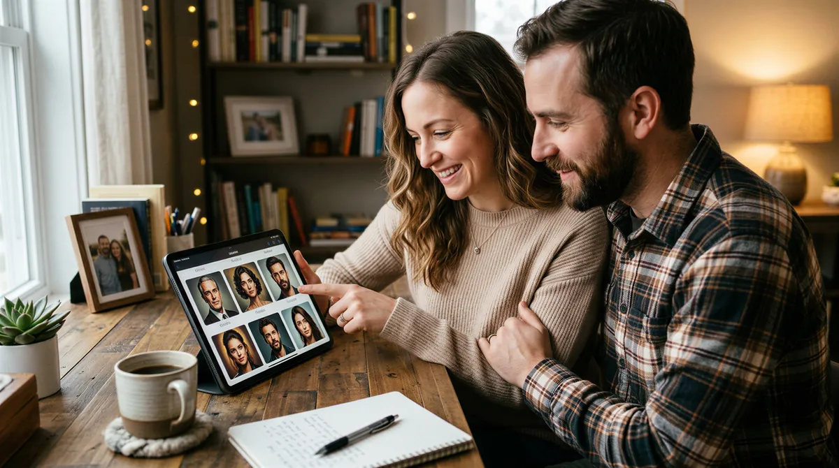 Couple reviewing AI-generated portraits on a tablet