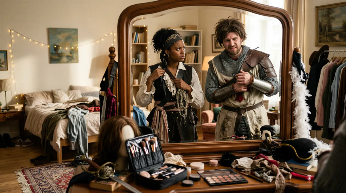 Couple struggling with costume fit and lighting in a mirror