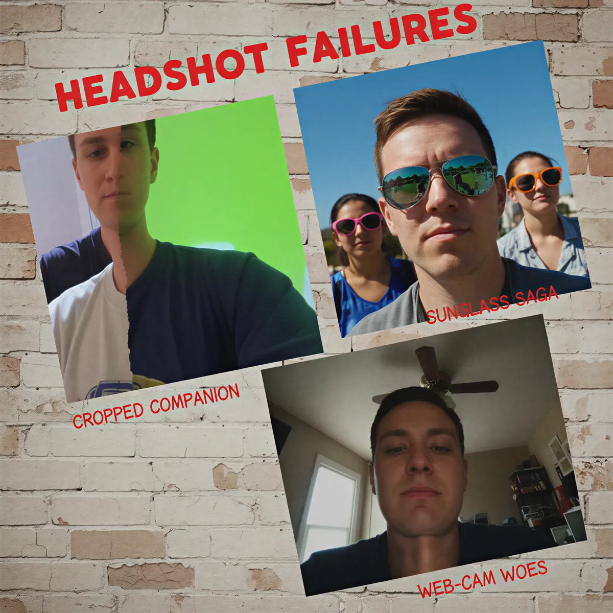 A dynamic, slightly humorous collage illustrating common LinkedIn headshot mistakes: cropped group shot, vacation selfie, and blurry webcam grab.