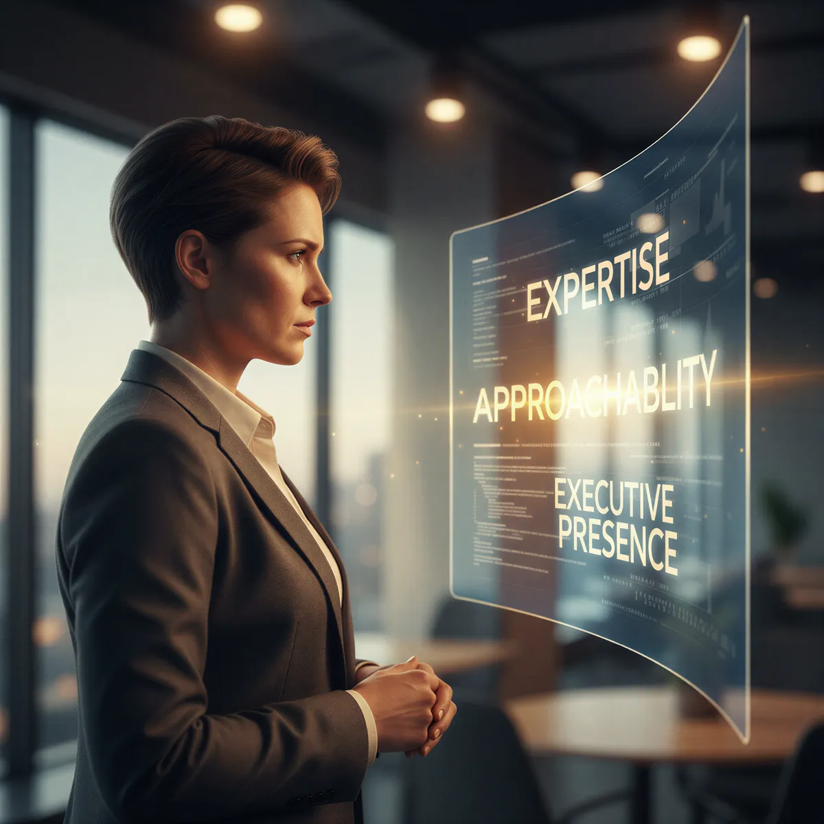 A professional looking thoughtfully at a projection screen displaying keywords like 'Expertise', 'Client Trust', and 'Executive Presence'.