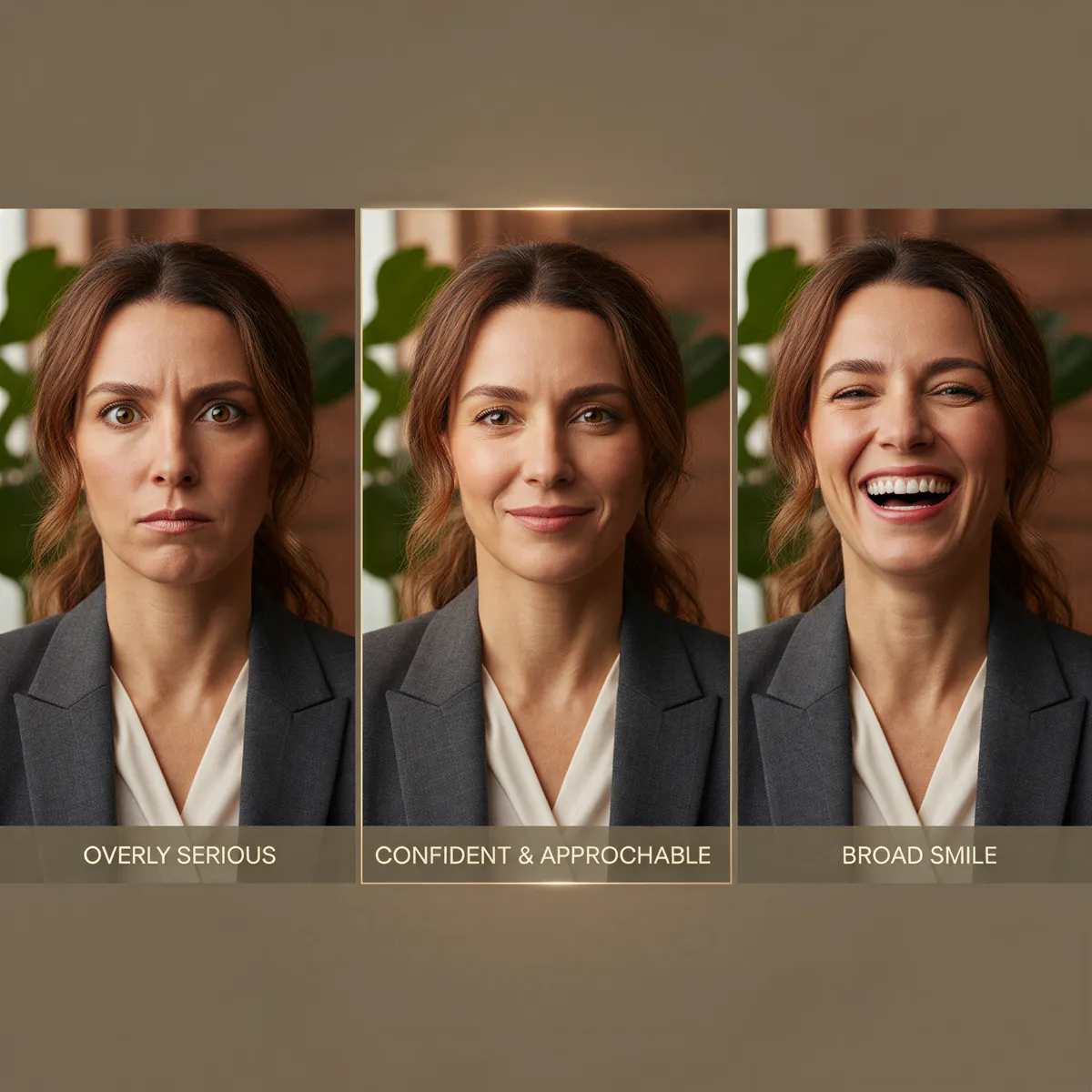A triptych showing three headshot expressions: too stern, too casual, and the ideal balanced, confident, and approachable look.