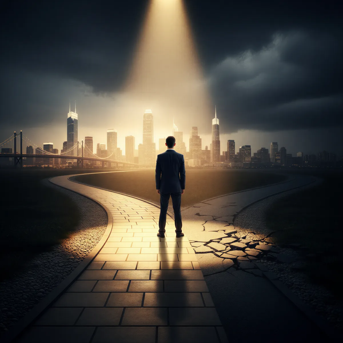 Conceptual image showing a path diverging, where one path is illuminated (good photo) leading to success, and the other is dark (poor photo) leading nowhere.