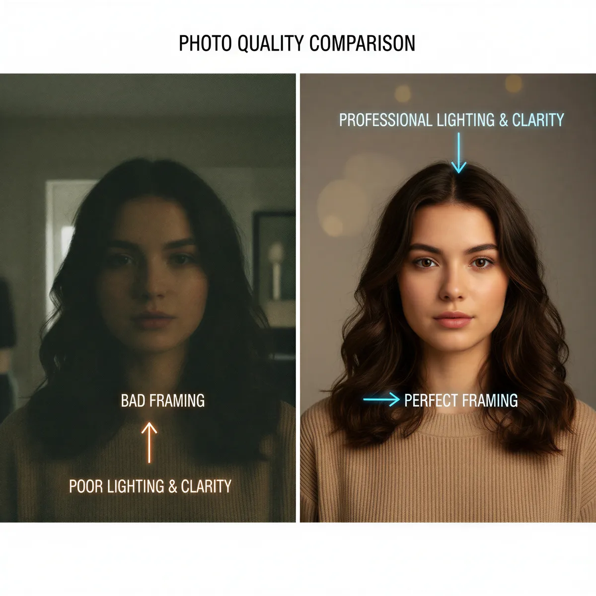 Side-by-side comparison demonstrating the stark difference between poor quality and high-resolution, well-lit LinkedIn headshots.