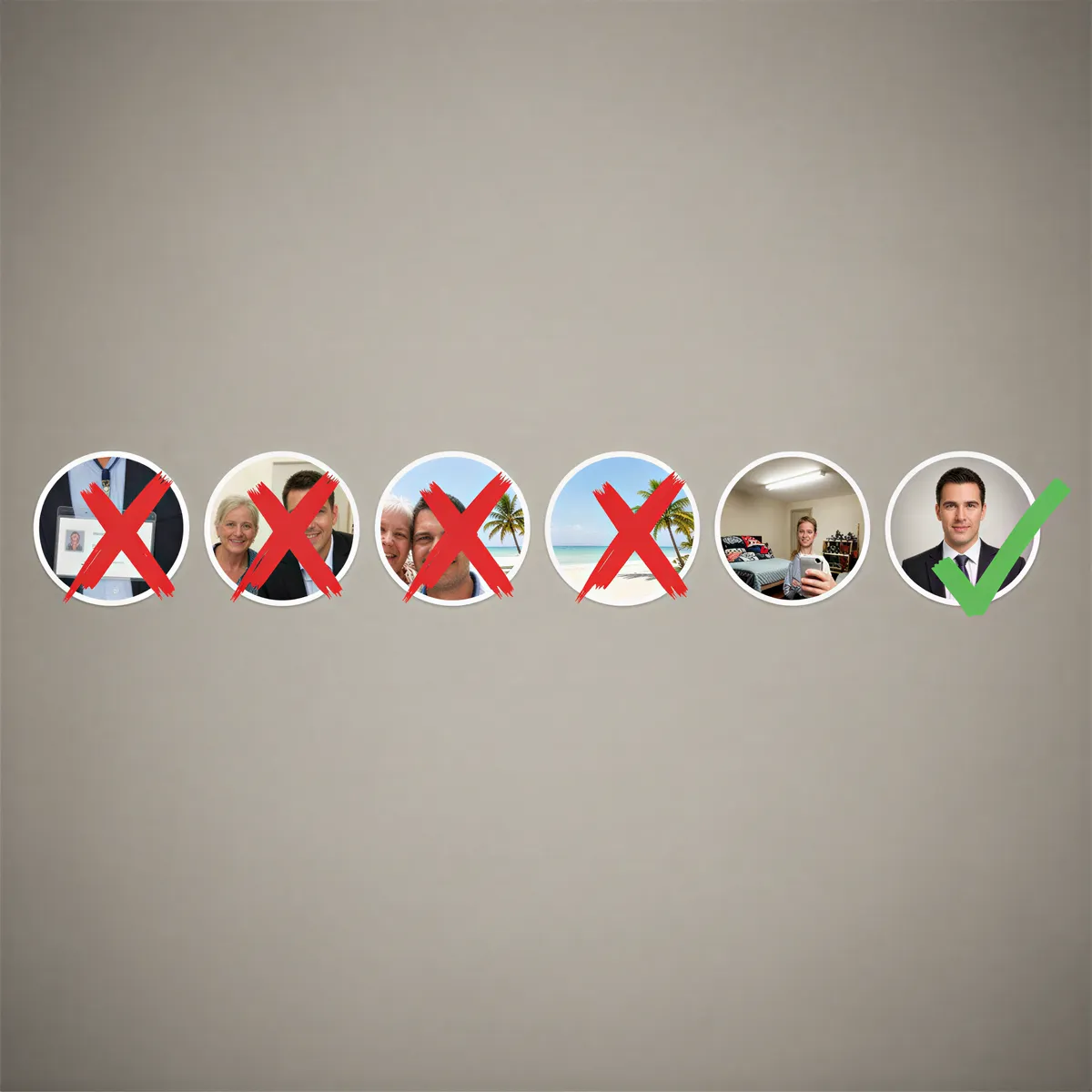 A visual grid comparing common, poor LinkedIn photo mistakes—like a conference badge crop and a blurry vacation photo—against one high-quality professional headshot.