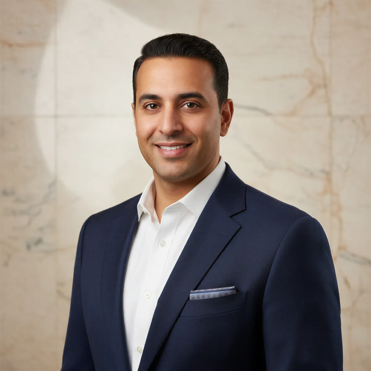 A polished headshot of a business consultant in versatile attire, set against a sophisticated, neutral background that suggests high-level client interaction.