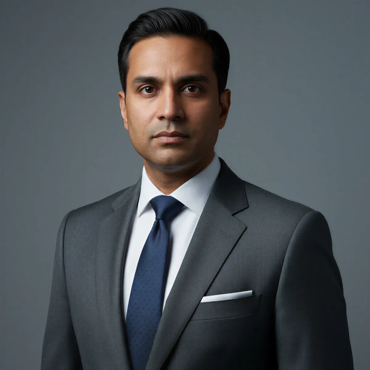 A formal headshot of a man in a dark navy suit and white shirt against a solid charcoal gray background, conveying strict professionalism for finance and law.