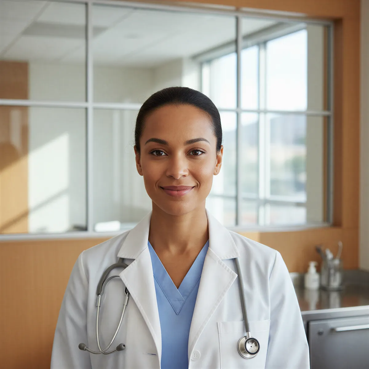 A warm, inviting headshot of a healthcare worker in clean scrubs or a white coat, displaying a trustworthy and compassionate expression.