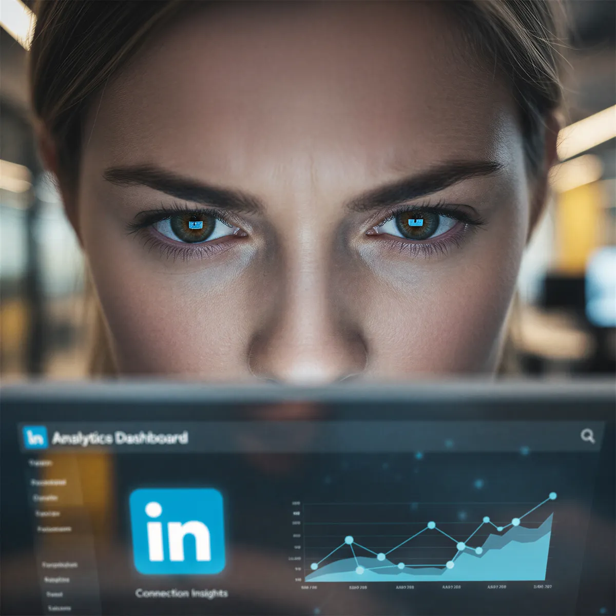 A close-up of a recruiter's focused eyes quickly scanning a LinkedIn profile on a tablet, emphasizing speed and rapid judgment.