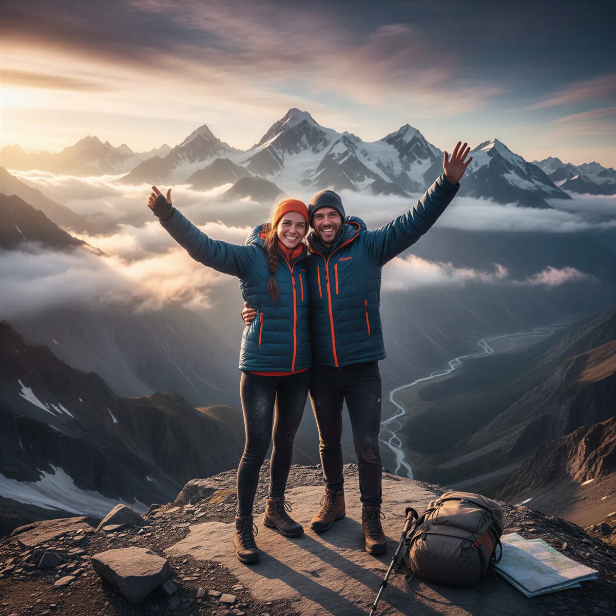 AI-generated portrait of an adventurous couple celebrating triumphantly at a mountain summit with a vast vista behind them.