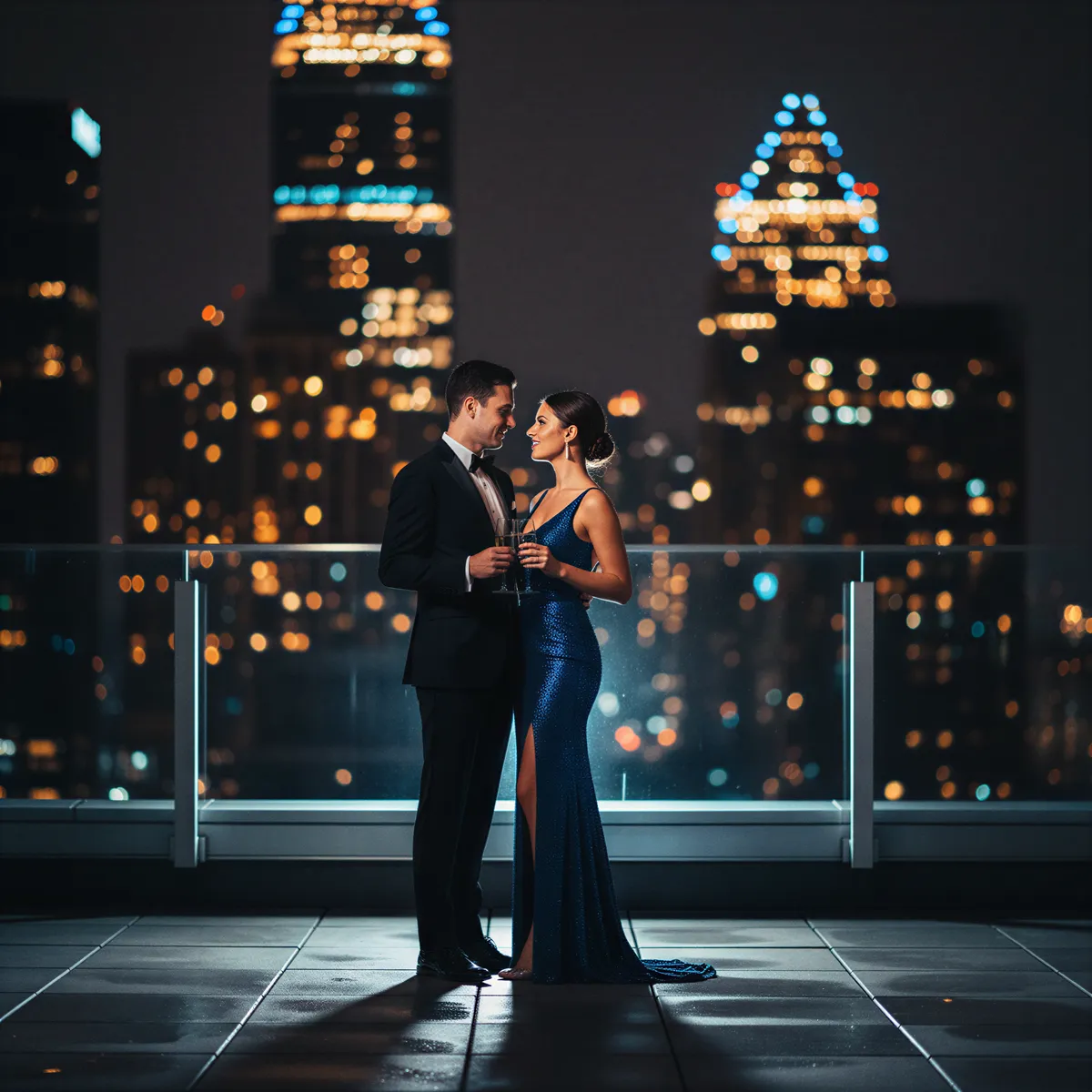 AI-generated portrait of a sophisticated couple standing close on a city rooftop at night with bokeh city lights.