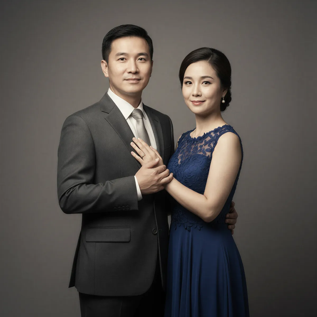 AI-generated elegant studio couple portrait in formal attire against a neutral gray background with classic pose.
