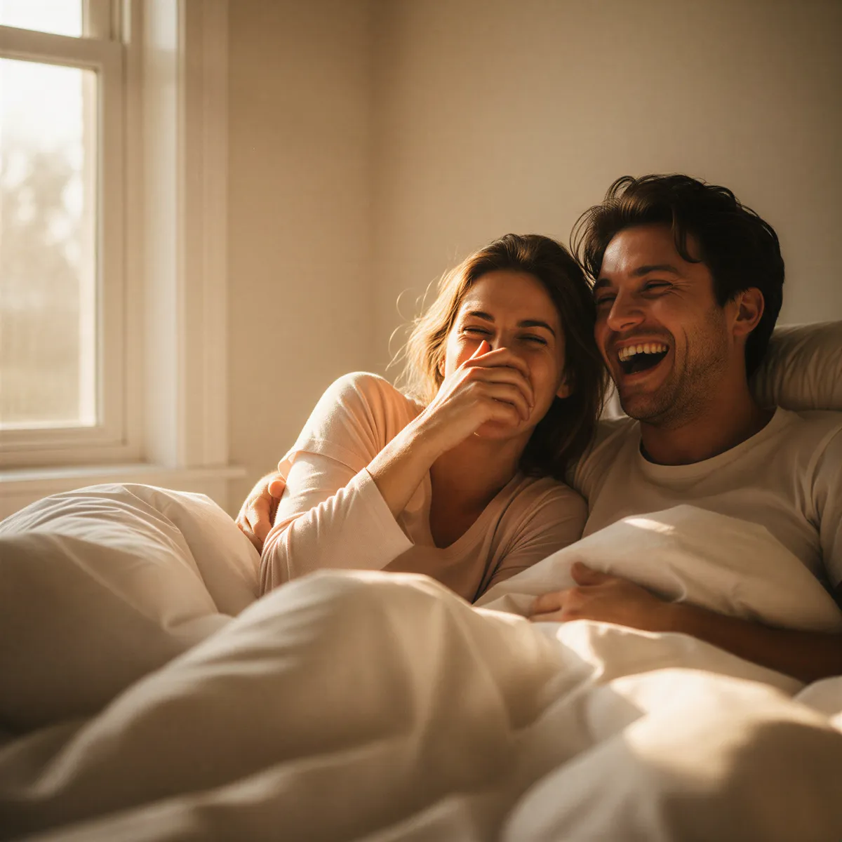 AI-generated intimate portrait of a couple laughing softly in bed with white linens, illuminated by gentle morning light.