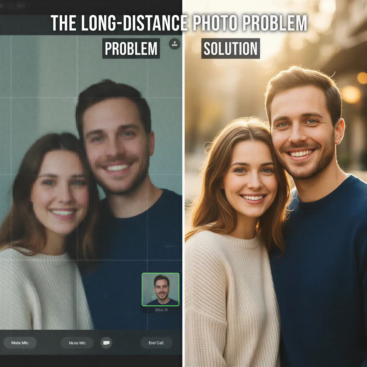 Visual representation of the long-distance photo problem: split image showing a grainy video call vs. a professional studio portrait.