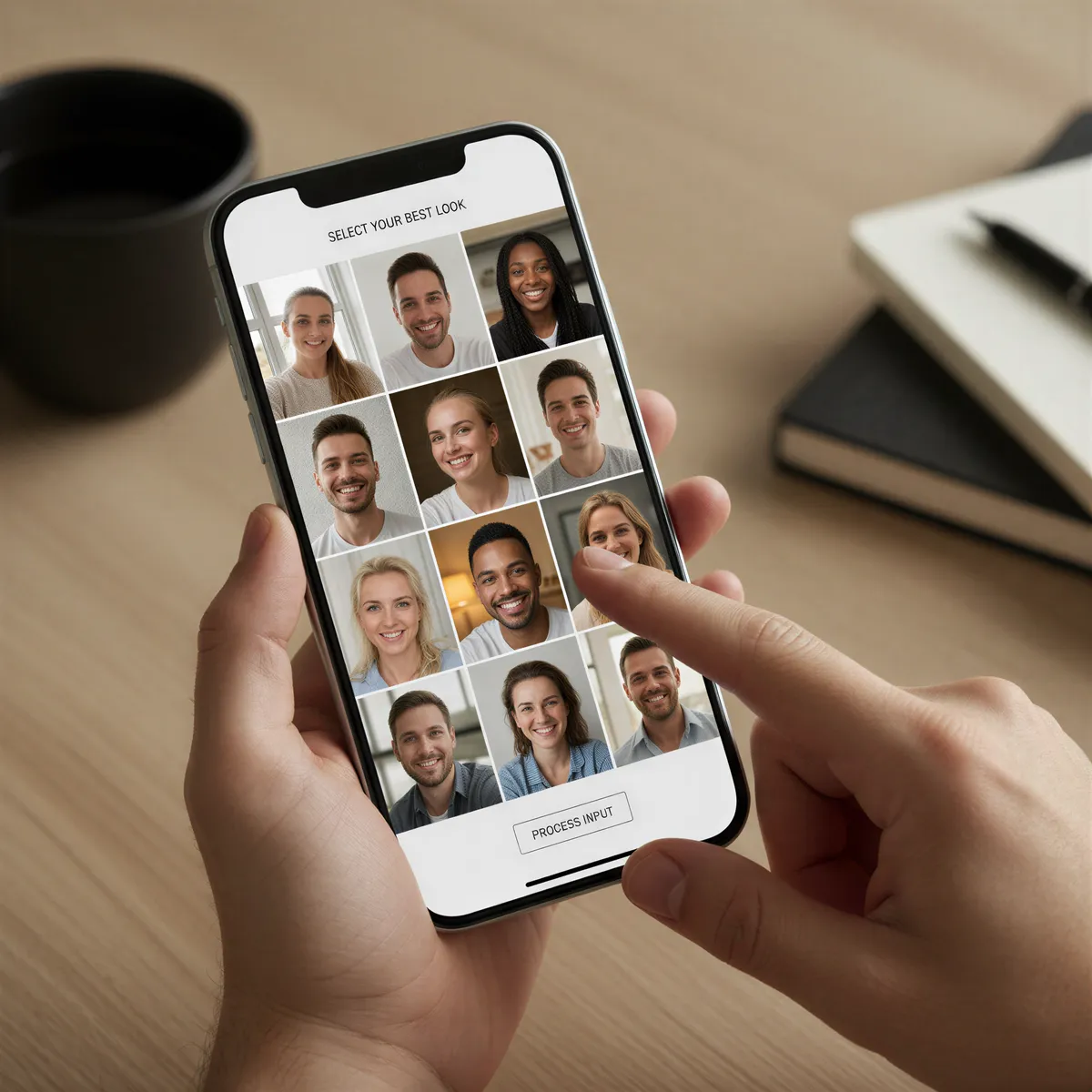 Close-up on a smartphone screen showing diverse, well-lit selfies being prepared for AI model training.