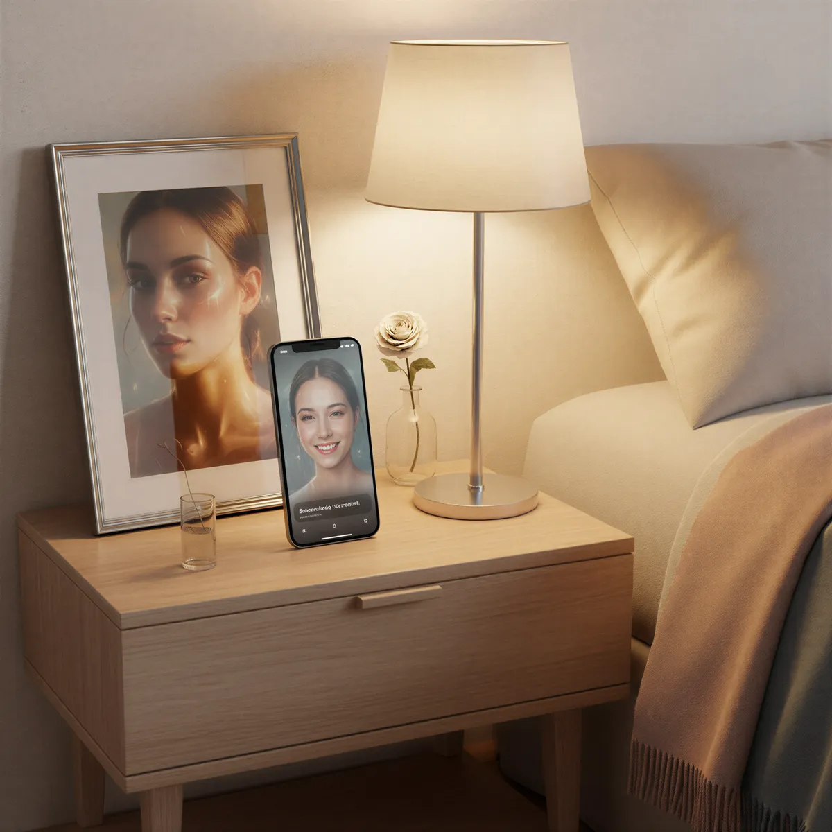 A collection of AI couple portraits used in real-life scenarios: framed on a nightstand and set as a phone wallpaper.