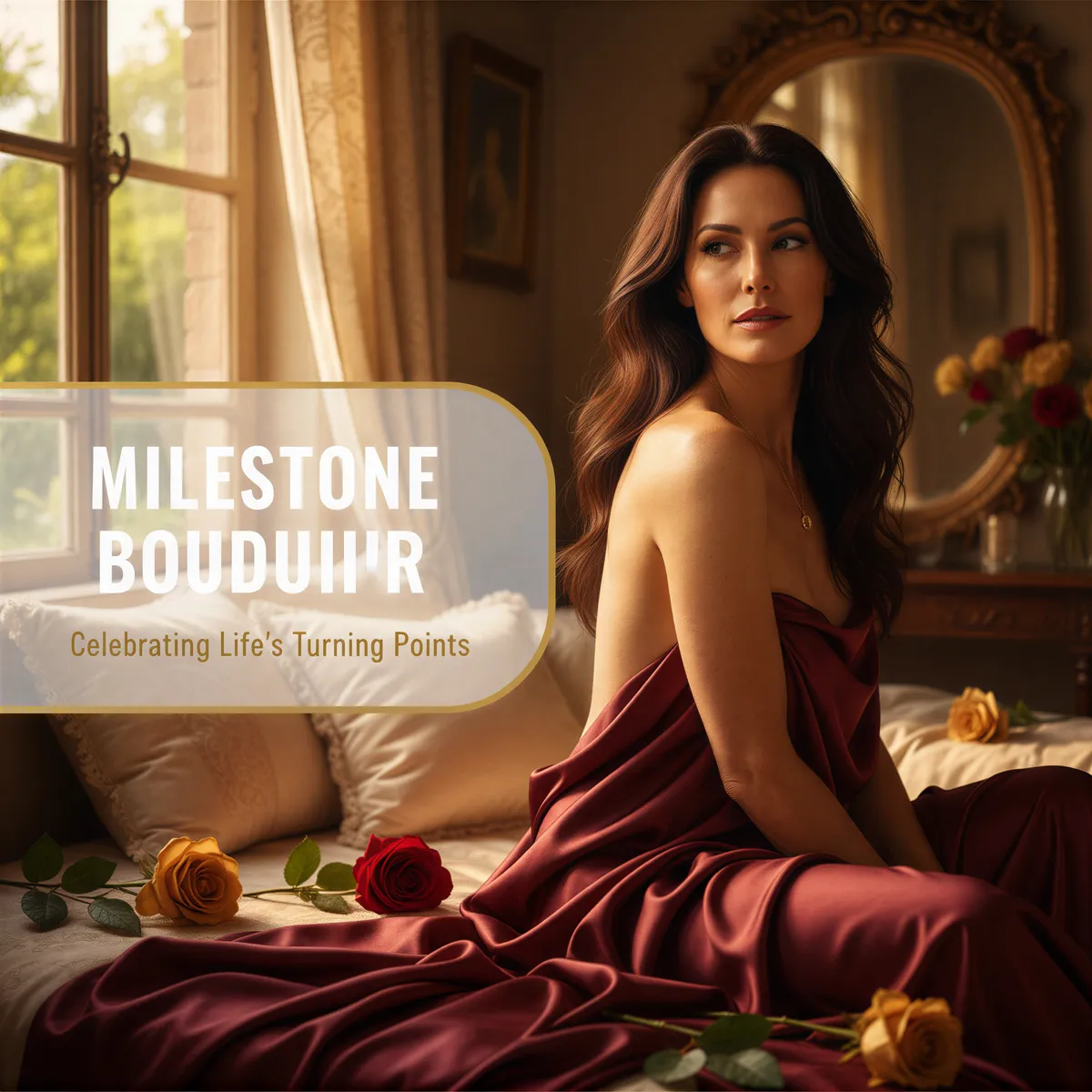 Confident woman in elegant boudoir setting celebrating a major life achievement with powerful self-assurance.