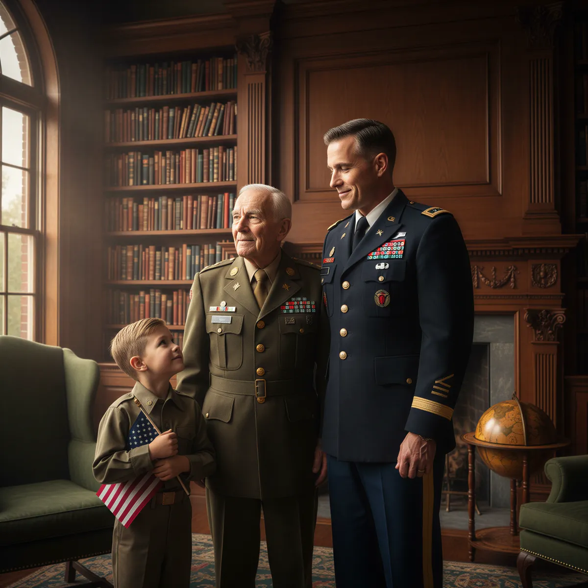 A multi-generational portrait showing a grandfather, father, and child representing military heritage and legacy.