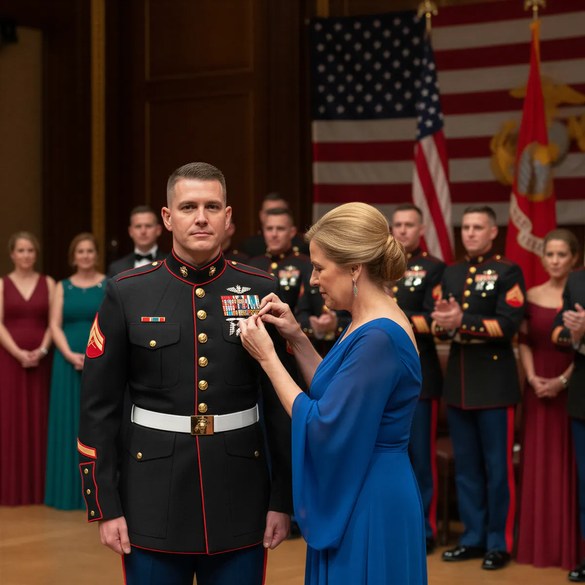 A formal military promotion ceremony portrait, featuring family pinning new insignia on the service member's uniform.