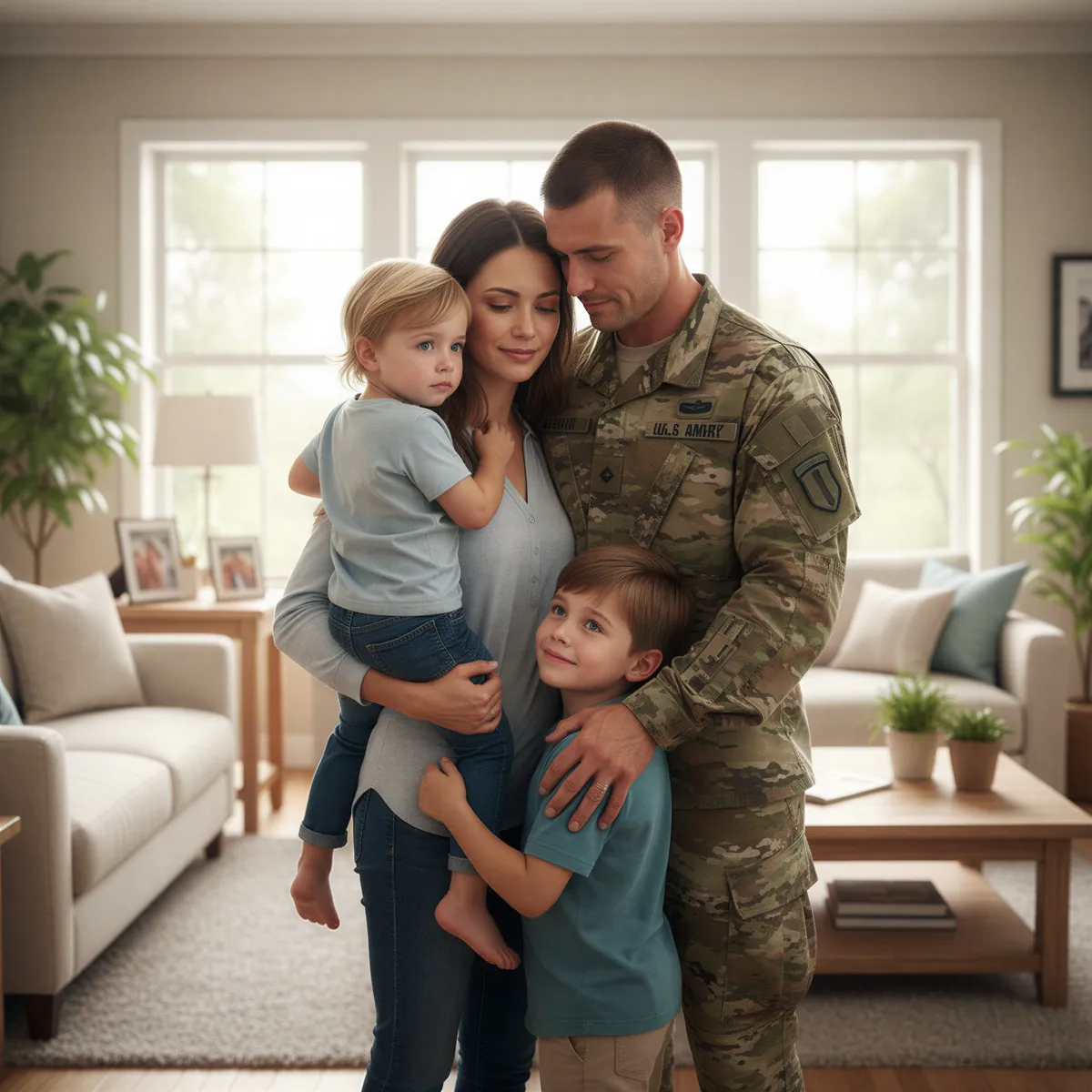 A poignant pre-deployment family portrait showing a tight embrace before separation, evoking emotion and hope.