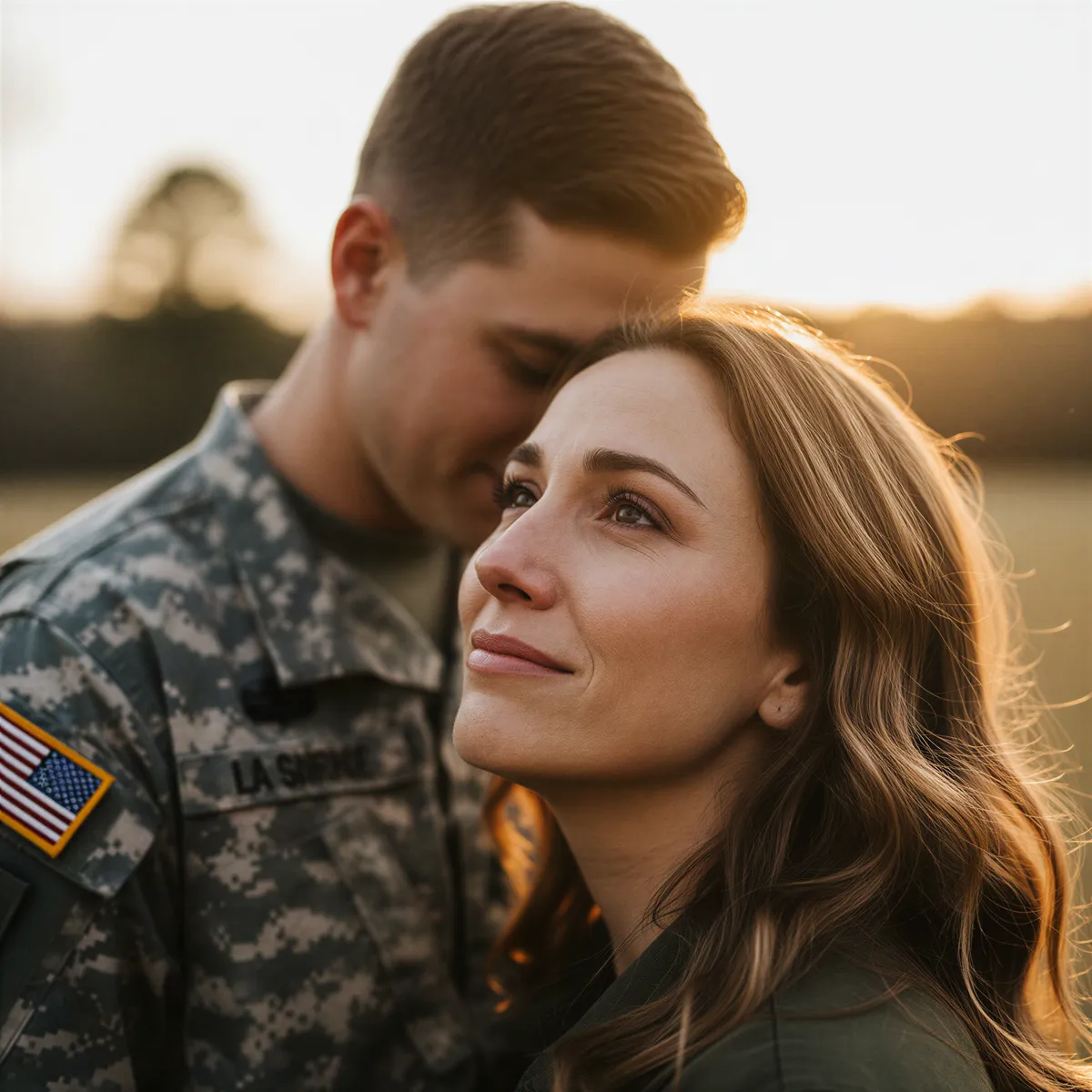 A close-up, candid shot of a spouse looking proudly at a service member in uniform, emphasizing shared sacrifice.