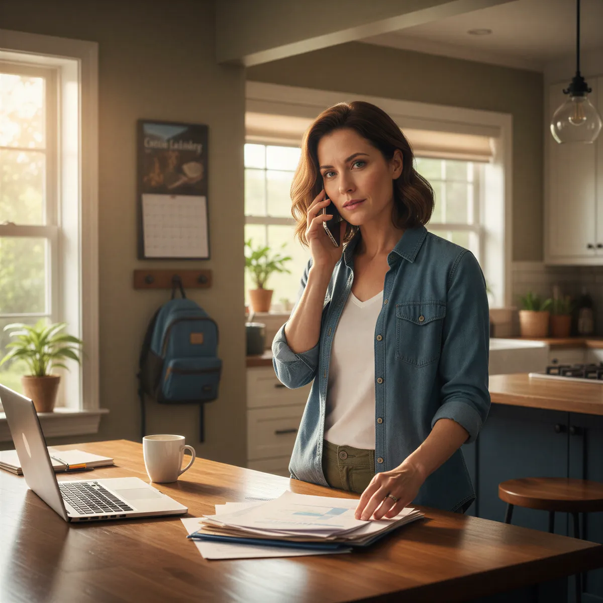 A strong, resilient portrait of the waiting military spouse standing strong, managing the home front, emphasizing resilience.