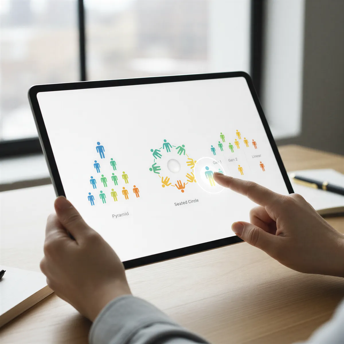 Close-up on a digital tablet screen displaying a graphic interface. On the screen, there are three different layout options (e.g., pyramid, seated circle, linear) for arranging 12 figures representing four generations. A hand lightly touches the screen selecting one option. Clean, modern aesthetic, focusing on the design step.