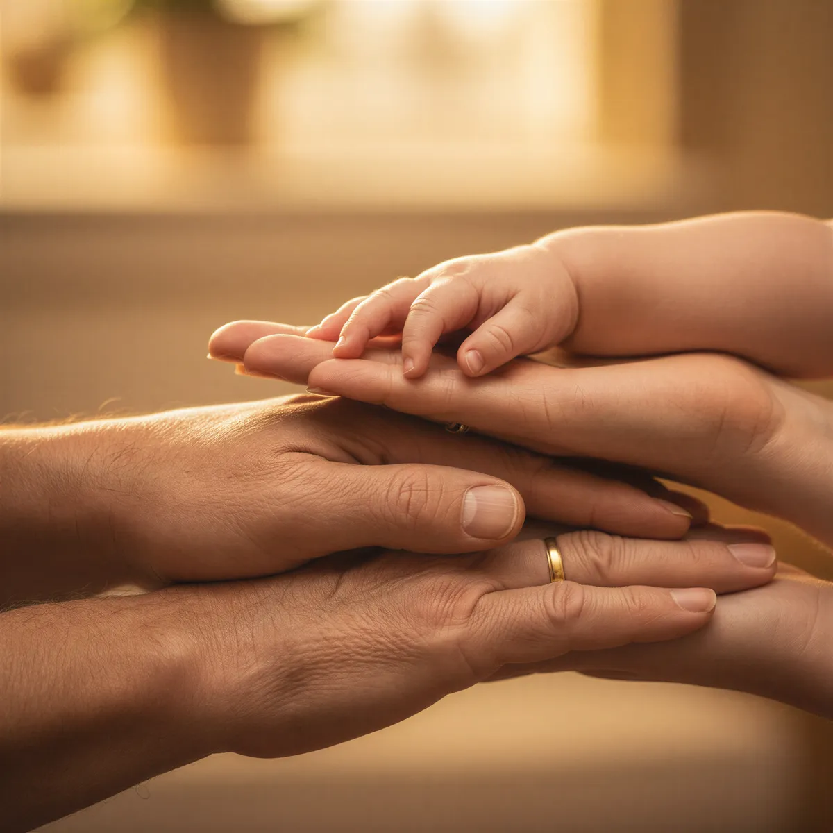 Hyper realistic, photo-realistic style with sharp focus and detailed lighting. An artistic, macro photograph focusing tightly on the layering of four distinct hands representing four generations. The bottom hand is visibly aged and wrinkled, the top hand is a baby's soft skin. Shallow depth of field with a blurred, warm background. Strong emphasis on texture and the concept of generational transfer.