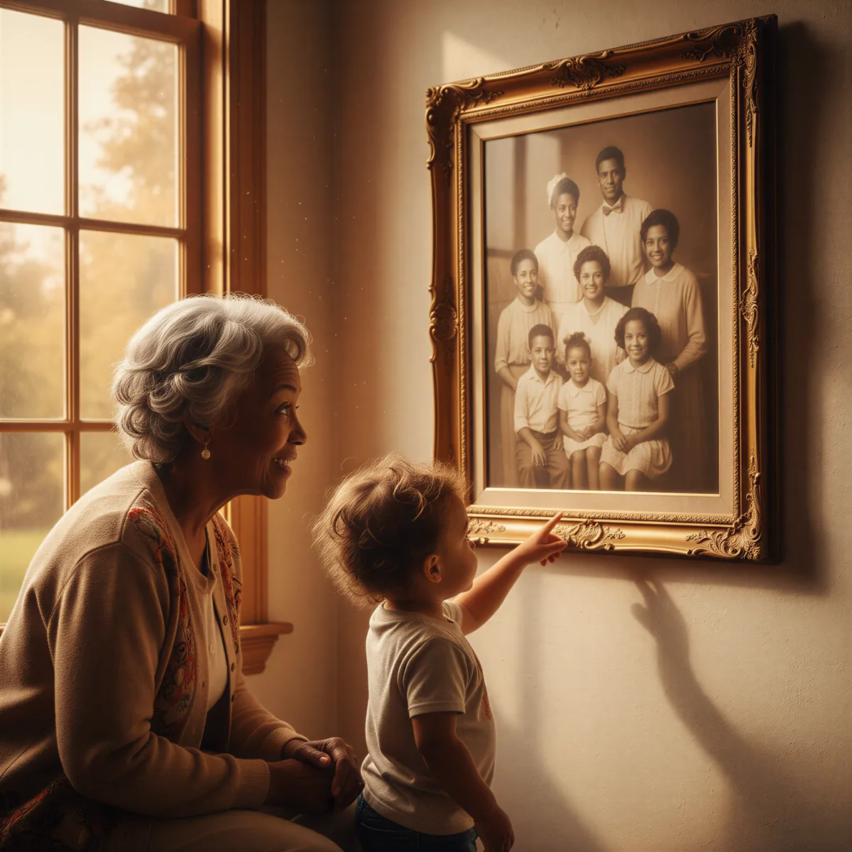An emotional, warm-toned image. A tender moment between a smiling, elderly woman (perhaps African descent) and a curious toddler, both looking at a large, professionally framed multi-generational portrait hanging on a wall. Focus on connection and the passing down of memory. Golden hour lighting filtering in from a window.